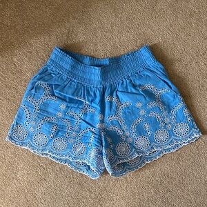 Women's Blue Embroidered Eyelet Shorts